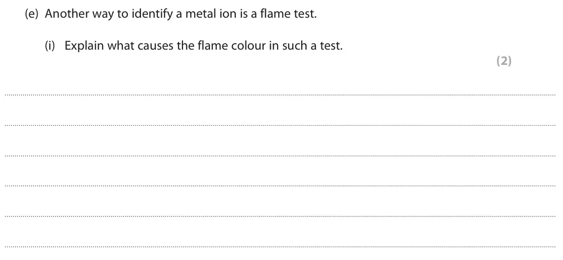 June 2024 Paper 3, question 3(e)(i): Explain what causes the flame colour in such a test. (2)