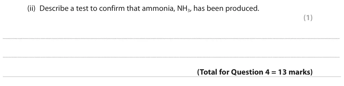 June 2024 Paper 3, question 4(c)(ii): Describe a test to confirm that ammonia, NH3, has been produced. (1)