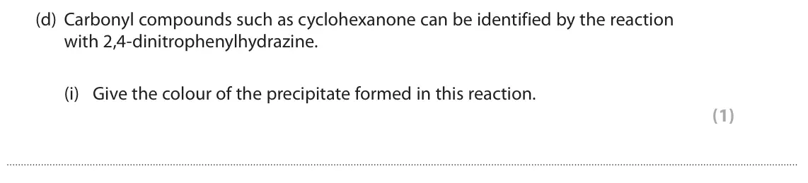 June 2024 Paper 3, question 7(d)(i): Give the colour of the precipitate formed in this reaction. (1)