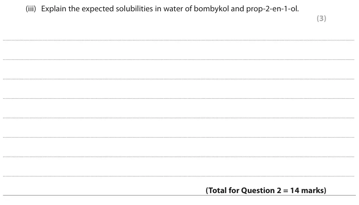June 2025 Paper 3, question 2(d)(iii): Explain the expected solubilities in water of bombykol and prop-2-en-1-ol. (3)