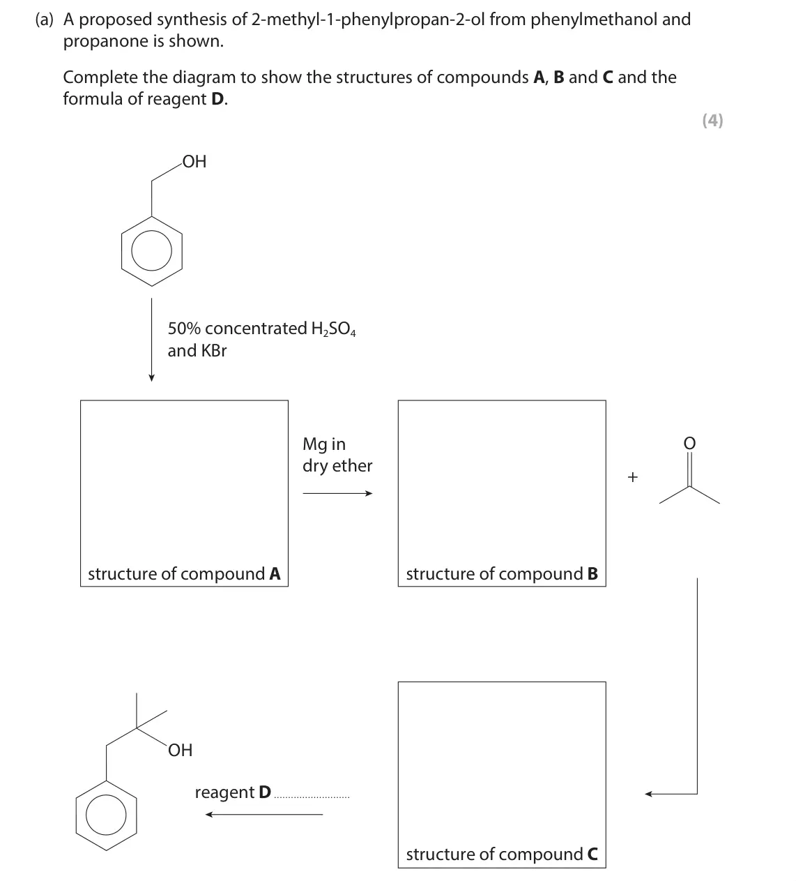 June 2025 Paper 3, question 6(a): A proposed synthesis of 2-methyl-1-phenylpropan-2-ol from phenylmethanol and propanone is shown. Complete the diagram to show the structures of compounds A, B a