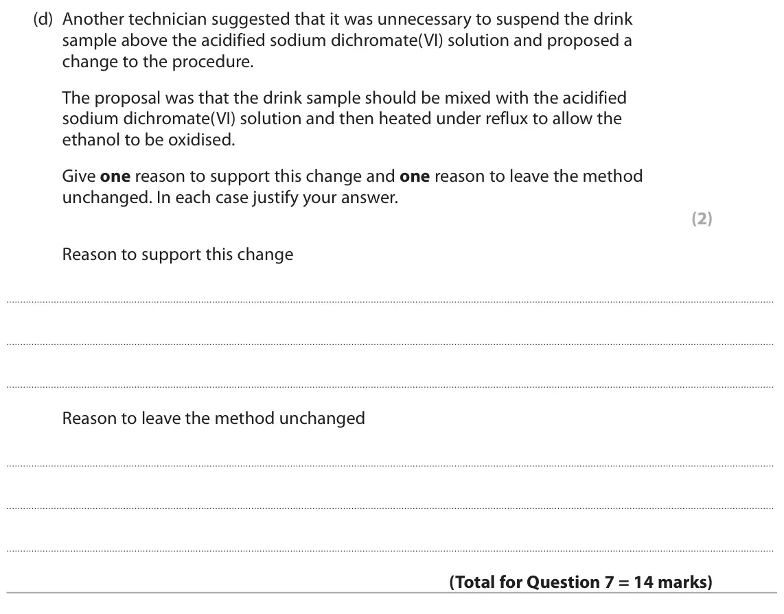 June 2025 Paper 3, question 7(d): Another technician suggested that it was unnecessary to suspend the drink sample above the acidified sodium dichromate(VI) solution and proposed a change to the