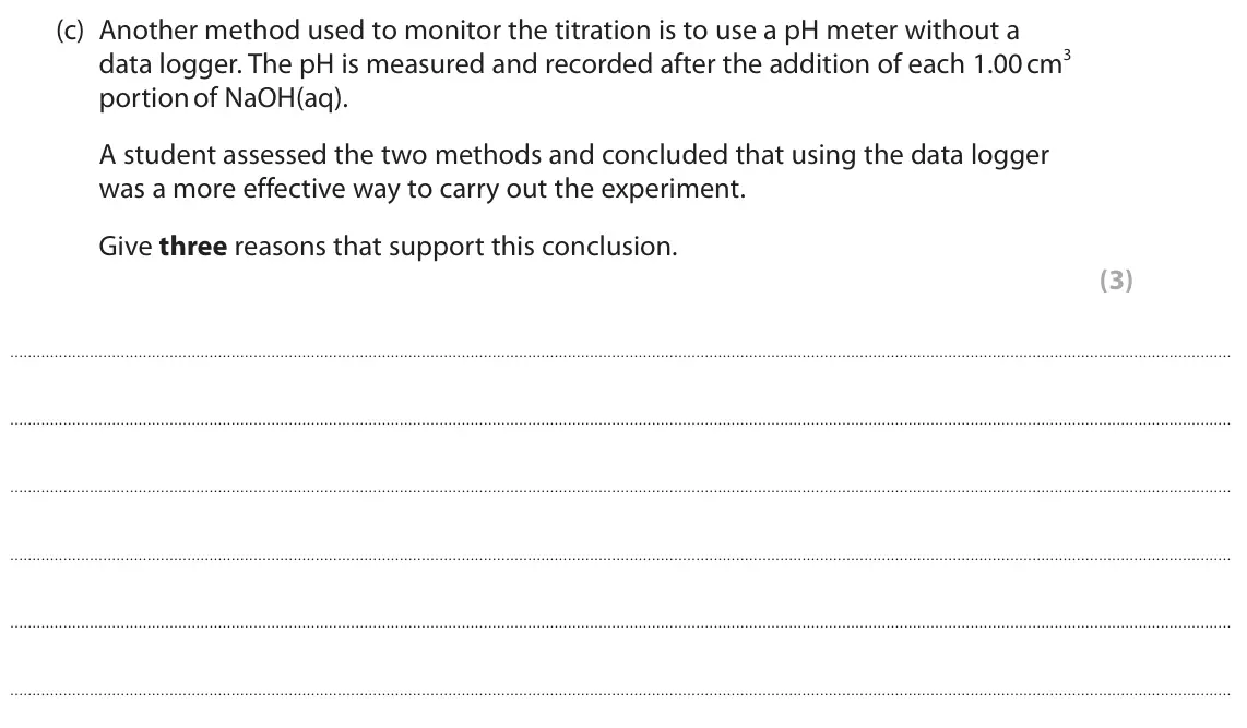 June 2025 Paper 3, question 8(c): Another method used to monitor the titration is to use a pH meter without a data logger. The pH is measured and recorded after the addition of each 1.00 cm3 por