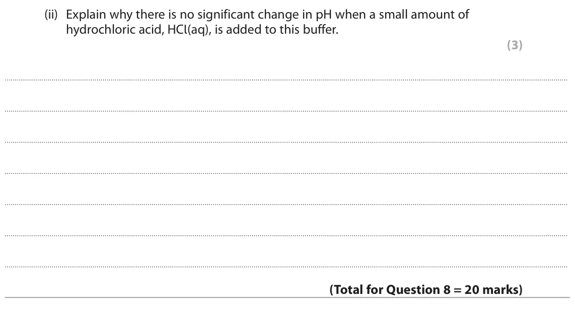 June 2025 Paper 3, question 8(d)(ii): Explain why there is no significant change in pH when a small amount of hydrochloric acid, HCl(aq), is added to this buffer. (3)