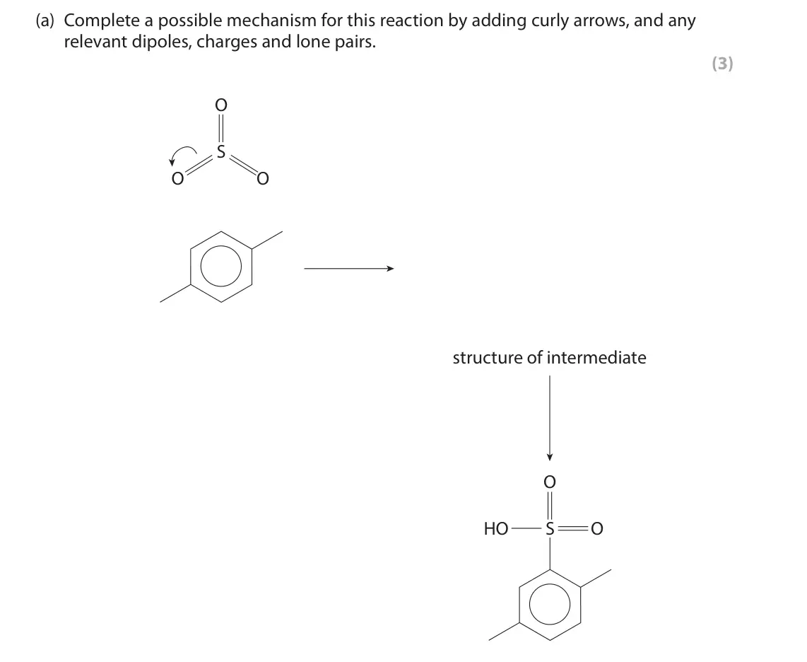 June 2025 Paper 3, question 9(a): Complete a possible mechanism for this reaction by adding curly arrows, and any relevant dipoles, charges and lone pairs. (3) O S O O structure of intermediate