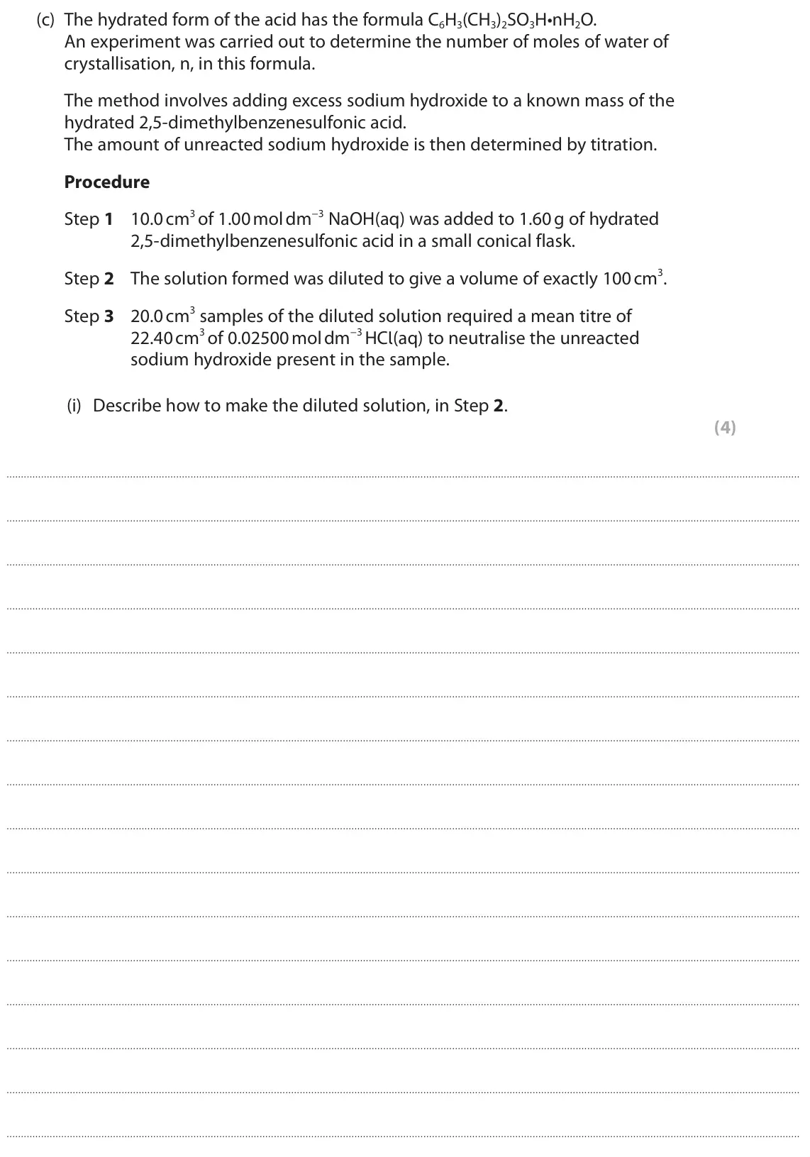 June 2025 Paper 3, question 9(c)(i): Describe how to make the diluted solution, in Step 2. (4)
