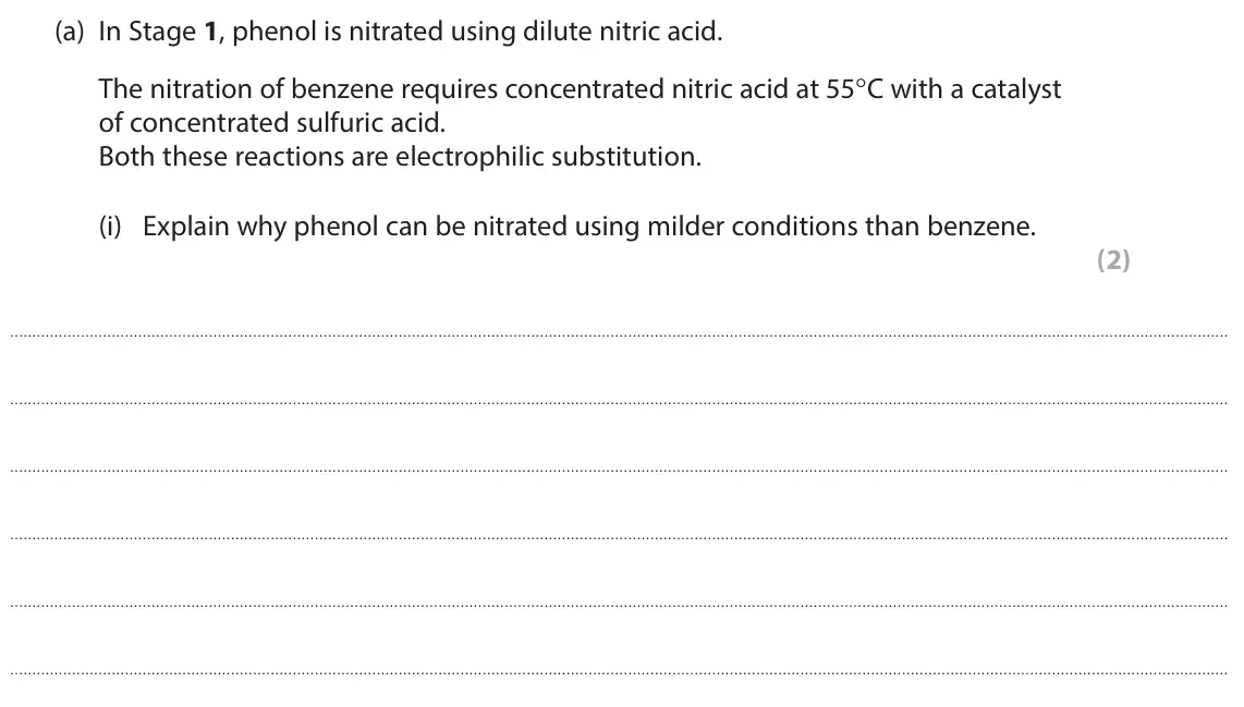 November 2021 Paper 3, question 6(a)(i): Explain why phenol can be nitrated using milder conditions than benzene. (2)