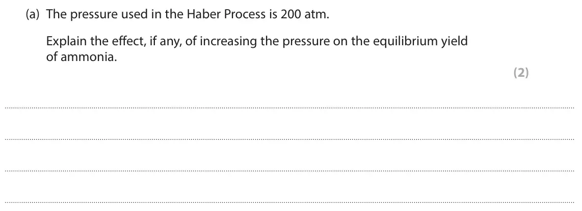 November 2021 Paper 3, question 9(a): The pressure used in the Haber Process is 200 atm. Explain the effect, if any, of increasing the pressure on the equilibrium yield of ammonia. (2)