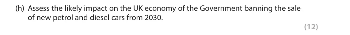 June 2022 Paper 1, question 1(h): Assess the likely impact on the UK economy of the Government banning the sale of new petrol and diesel cars from 2030. (12) Read the following extracts (A–E) be