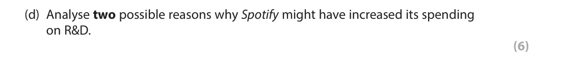 June 2023 Paper 1, question 1(d): Analyse two possible reasons why Spotify might have increased its spending on R&D. (6) Read the following extracts (A–E) before answering Question 1. Write your