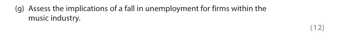 June 2023 Paper 1, question 1(g): Assess the implications of a fall in unemployment for firms within the music industry. (12) Read the following extracts (A–E) before answering Question 1. Write