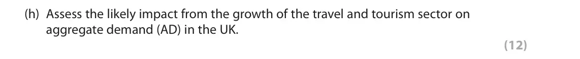 June 2024 Paper 1, question 1(h): Assess the likely impact from the growth of the travel and tourism sector on aggregate demand (AD) in the UK. (12) Read the following extracts (A–E) before answ