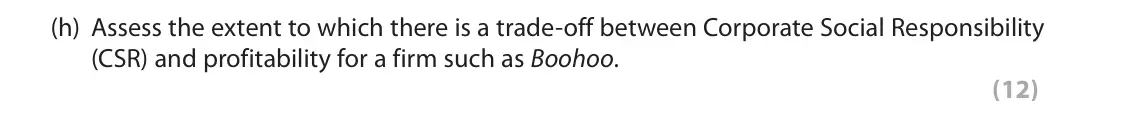 November 2021 Paper 1, question 1(h): Assess the extent to which there is a trade-off between Corporate Social Responsibility (CSR) and profitability for a firm such as Boohoo. (12) Read the followi