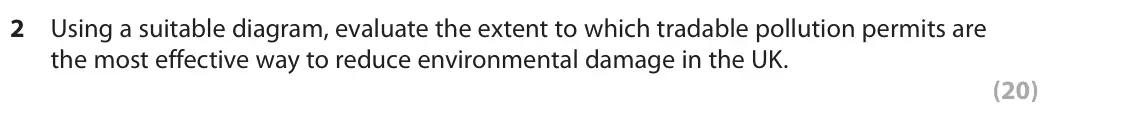November 2021 Paper 1, question 2: Using a suitable diagram, evaluate the extent to which tradable pollution permits are the most effective way to reduce environmental damage in the UK. (20) Read