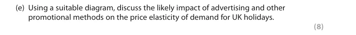 June 2018 Paper 2, question 1(e): Using a suitable diagram, discuss the likely impact of advertising and other promotional methods on the price elasticity of demand for UK holidays. (8) Read the