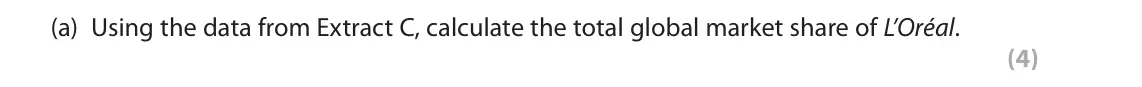 June 2019 Paper 2, question 1(a): Using the data from Extract C, calculate the total global market share of L’Oréal. (4) Read the following extracts (A to E) before answering Question 1. Write y
