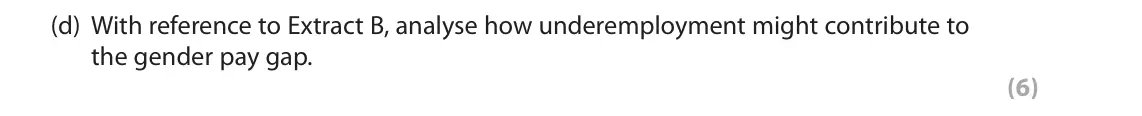 June 2019 Paper 2, question 1(d): With reference to Extract B, analyse how underemployment might contribute to the gender pay gap. (6) Read the following extracts (A to E) before answering Quest