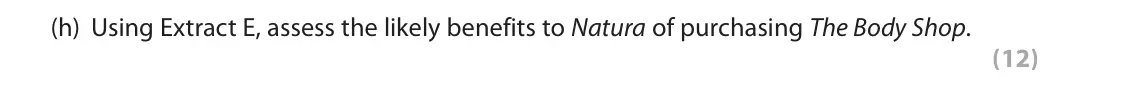 June 2019 Paper 2, question 1(h): Using Extract E, assess the likely benefits to Natura of purchasing The Body Shop. (12) Read the following extracts (A to E) before answering Question 1. Write 