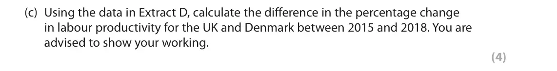 June 2022 Paper 2, question 1(c): Using the data in Extract D, calculate the difference in the percentage change in labour productivity for the UK and Denmark between 2015 and 2018. You are advi
