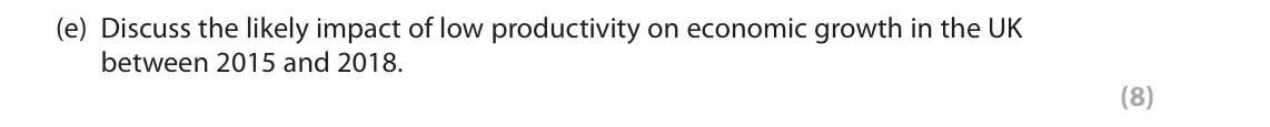June 2022 Paper 2, question 1(e): Discuss the likely impact of low productivity on economic growth in the UK between 2015 and 2018. (8) Read the following extracts (A to D) before answering Ques