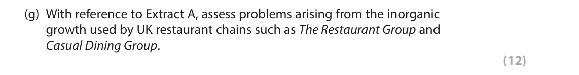 June 2023 Paper 2, question 1(g): With reference to Extract A, assess problems arising from the inorganic growth used by UK restaurant chains such as The Restaurant Group and Casual Dining Group