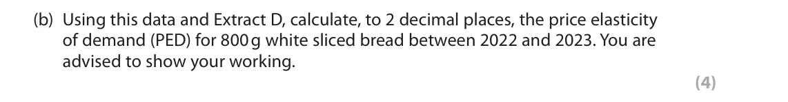 June 2024 Paper 2, question 1(b): Using this data and Extract D, calculate, to 2 decimal places, the price elasticity of demand (PED) for 800 g white sliced bread between 2022 and 2023. You are 