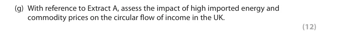 June 2024 Paper 2, question 1(g): With reference to Extract A, assess the impact of high imported energy and commodity prices on the circular flow of income in the UK. (12) Read the following ex
