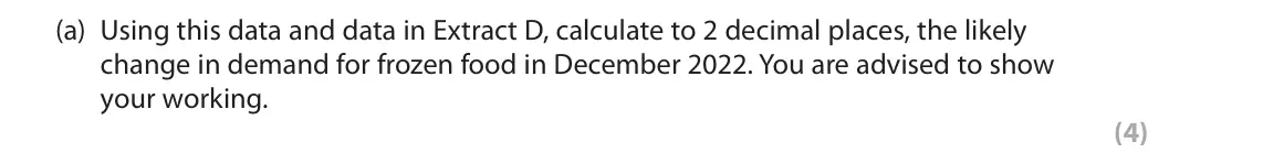 June 2025 Paper 2, question 1(a): Using this data and data in Extract D, calculate to 2 decimal places, the likely change in demand for frozen food in December 2022. You are advised to show your