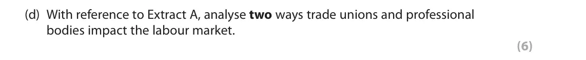 June 2025 Paper 2, question 1(d): With reference to Extract A, analyse two ways trade unions and professional bodies impact the labour market. (6) Read Extracts A–D in the Source Booklet before 