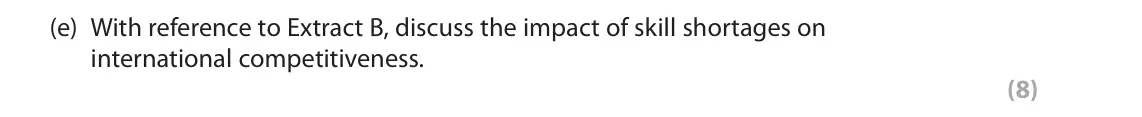June 2025 Paper 2, question 1(e): With reference to Extract B, discuss the impact of skill shortages on international competitiveness. (8) Read Extracts A–D in the Source Booklet before answerin