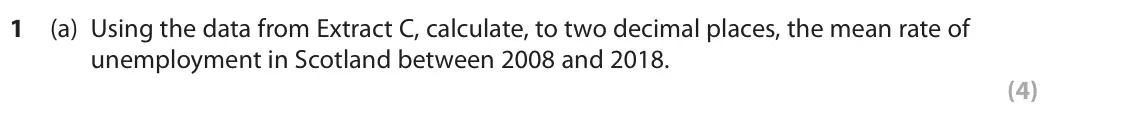 November 2021 Paper 2, question 1(a): Using the data from Extract C, calculate, to two decimal places, the mean rate of unemployment in Scotland between 2008 and 2018. (4) Read the following extract