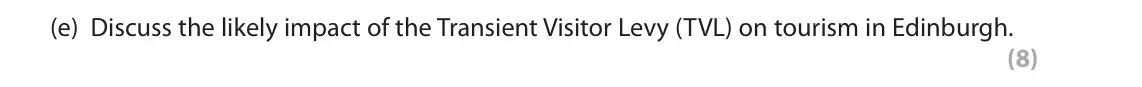 November 2021 Paper 2, question 1(e): Discuss the likely impact of the Transient Visitor Levy (TVL) on tourism in Edinburgh. (8) Read the following extracts (A to D) before answering Question 1. Wri