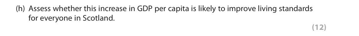 November 2021 Paper 2, question 1(h): Assess whether this increase in GDP per capita is likely to improve living standards for everyone in Scotland. (12) Read the following extracts (A to D) before 