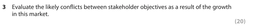 November 2021 Paper 2, question 3: Evaluate the likely conflicts between stakeholder objectives as a result of the growth in this market. (20) Read the following extracts (G to H) before answerin