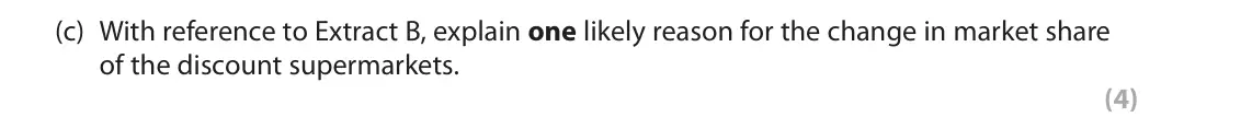 October 2020 Paper 2, question 1(c): With reference to Extract B, explain one likely reason for the change in market share of the discount supermarkets. (4) Read the following extracts (A to C) bef