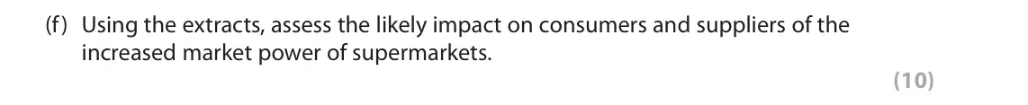 October 2020 Paper 2, question 1(f): Using the extracts, assess the likely impact on consumers and suppliers of the increased market power of supermarkets. (10) Read the following extracts (A to C)