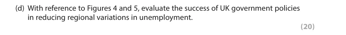 June 2017 Paper 3, question 2(d): With reference to Figures 4 and 5, evaluate the success of UK government policies in reducing regional variations in unemployment. (20) Read the following extra