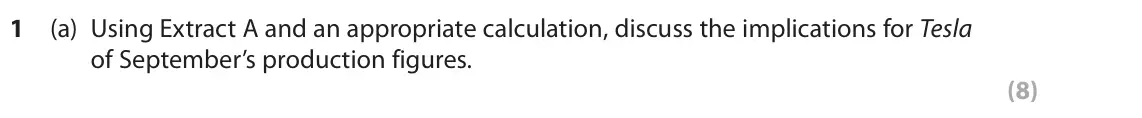 June 2024 Paper 3, question 1(a): Using Extract A and an appropriate calculation, discuss the implications for Tesla of September’s production figures. (8) Read the following extracts (A to D) b