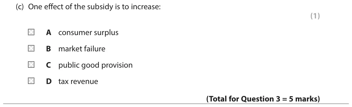 June 2017 Paper 1, question 3(c): One effect of the subsidy is to increase: (1) A consumer surplus B market failure C public good provision D tax revenue 3 The Indian government has introduced a