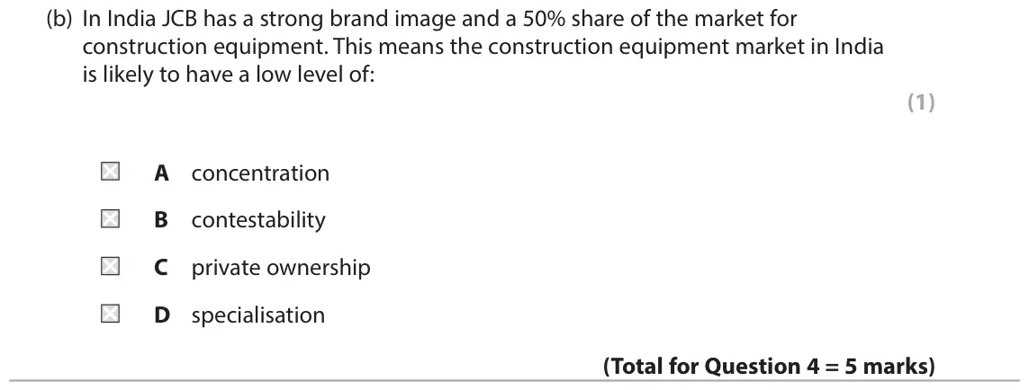 June 2017 Paper 1, question 4(b): In India JCB has a strong brand image and a 50% share of the market for construction equipment. This means the construction equipment market in India is likely