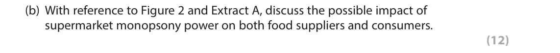 June 2017 Paper 1, question 6(b): With reference to Figure 2 and Extract A, discuss the possible impact of supermarket monopsony power on both food suppliers and consumers. (12) Read Figures 1 a