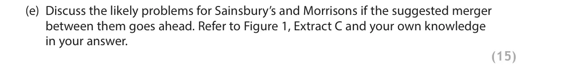 June 2017 Paper 1, question 6(e): Discuss the likely problems for Sainsbury’s and Morrisons if the suggested merger between them goes ahead. Refer to Figure 1, Extract C and your own knowledge i