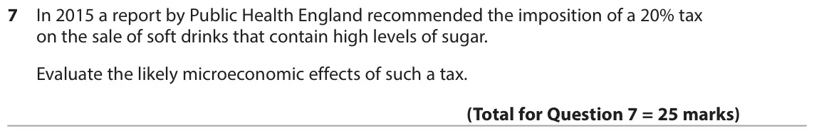 June 2017 Paper 1, question 7: In 2015 a report by Public Health England recommended the imposition of a 20% tax on the sale of soft drinks that contain high levels of sugar. Evaluate the lik