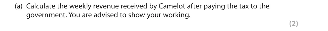 June 2018 Paper 1, question 2(a): Calculate the weekly revenue received by Camelot after paying the tax to the government. You are advised to show your working. (2) 2 The number of individual we