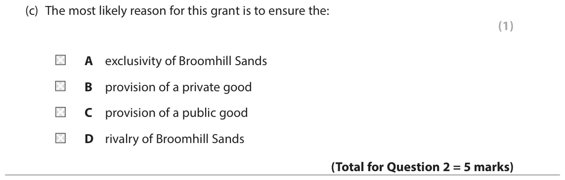 June 2018 Paper 1, question 2(c): The most likely reason for this grant is to ensure the: (1) A exclusivity of Broomhill Sands B provision of a private good C provision of a public good D rivalr