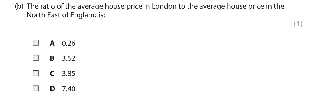 June 2018 Paper 1, question 3(b): The ratio of the average house price in London to the average house price in the North East of England is: (1) A 0.26 B 3.62 C 3.85 D 7.40 3 The average fee cha