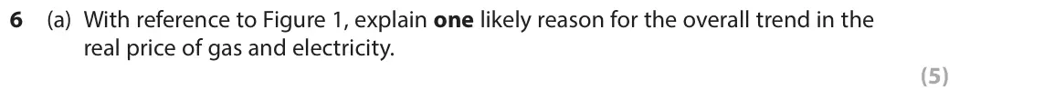 June 2018 Paper 1, question 6(a): With reference to Figure 1, explain one likely reason for the overall trend in the real price of gas and electricity. (5) Read Figures 1 and 2 and the following