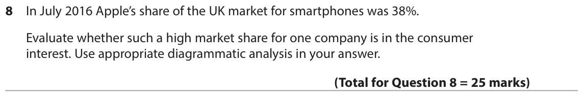 June 2018 Paper 1, question 8: In July 2016 Apple’s share of the UK market for smartphones was 38%. Evaluate whether such a high market share for one company is in the consumer interest. Use