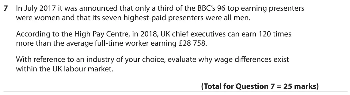 June 2019 Paper 1, question 7: In July 2017 it was announced that only a third of the BBC’s 96 top earning presenters were women and that its seven highest-paid presenters were all men. Accor
