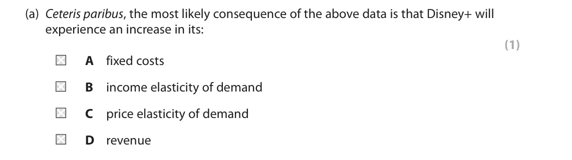June 2022 Paper 1, question 1(a): Ceteris paribus, the most likely consequence of the above data is that Disney+ will experience an increase in its: (1) A fixed costs B income elasticity of dema